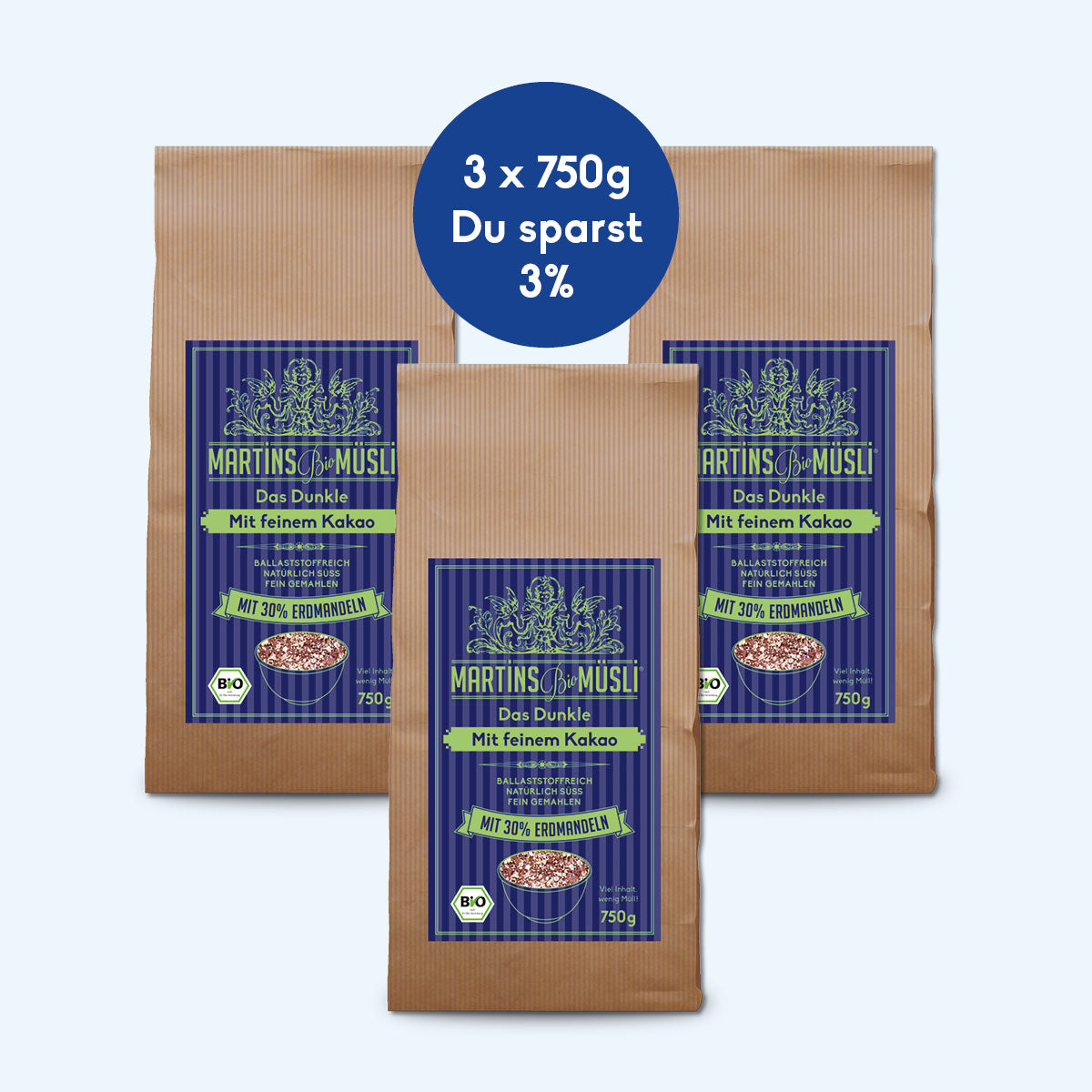 gesundes bio Schoko Müsli 'das Dunkle' im Sparset 3x750g